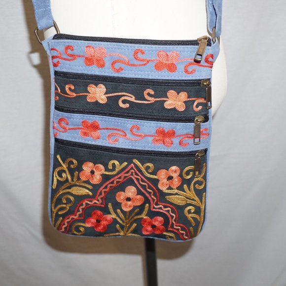 Floral Embroidered suede 5 zip crossbody festival boho bag RAYZ multi function - Picture 2 of 9